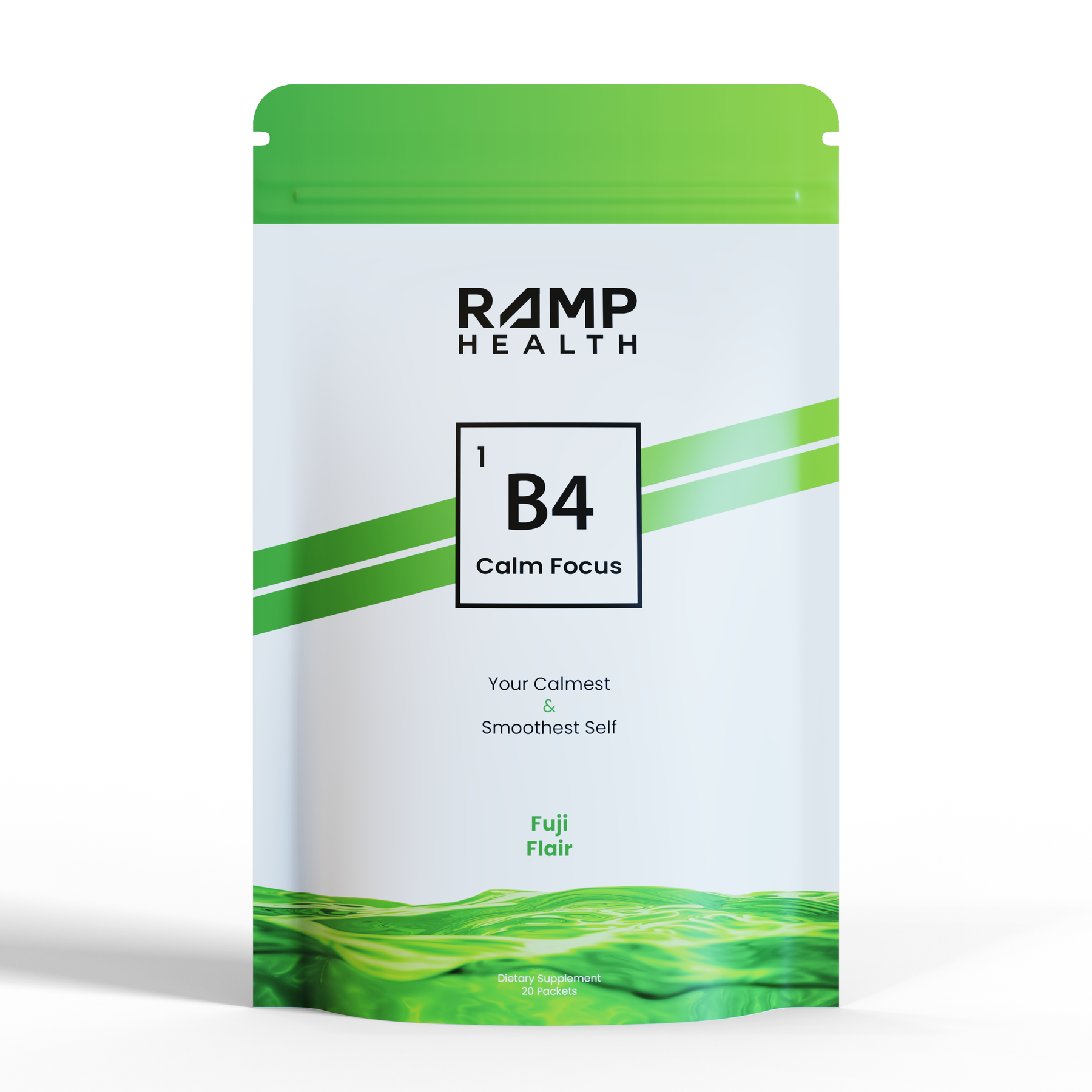 Supplement packet labeled 'B4 Calm Focus' by Ramp Health with green design accents.