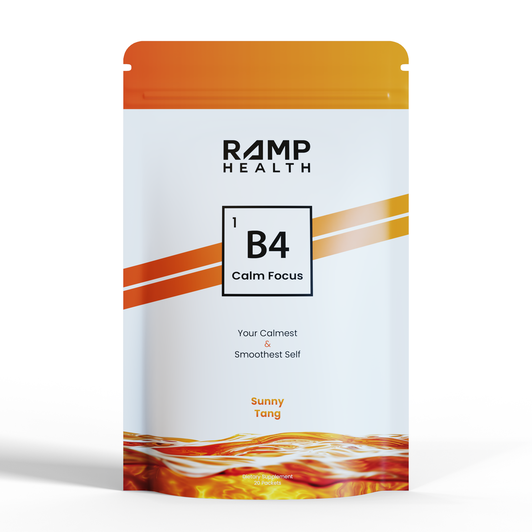 Packaging for a product labeled 'RAMP Health B4 Calm Focus' with an orange design.