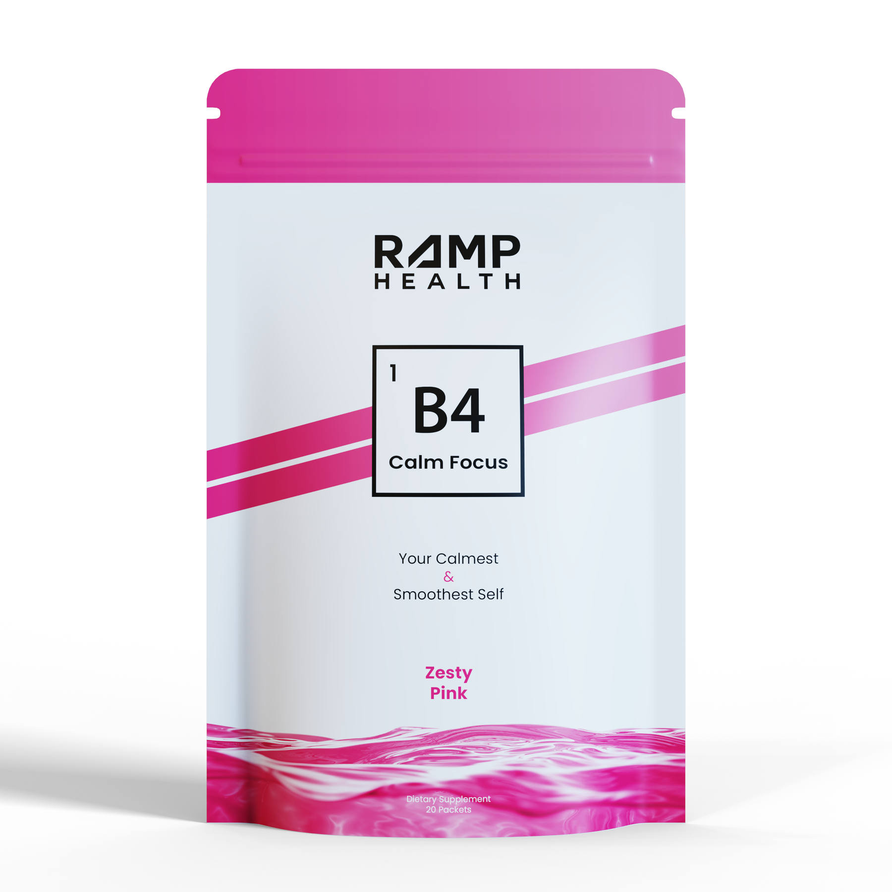 A packet labeled 'B4 Calm Focus' in pink and white design by Ramp Health.